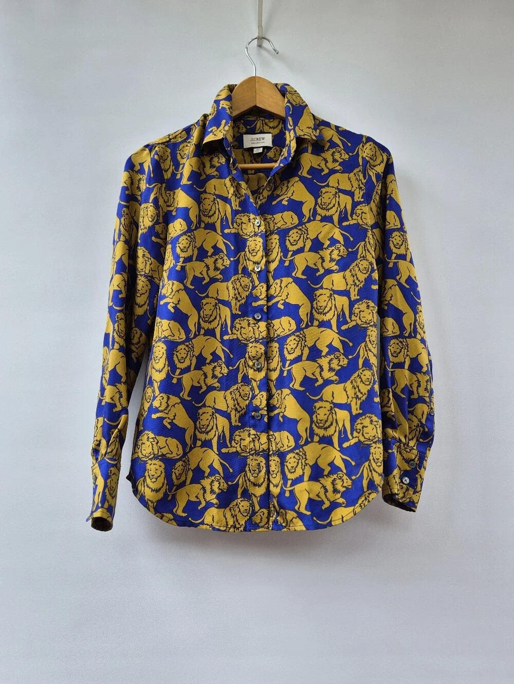 J.Crew Collection Silk Twill Button Up Shirt Sleepy Lions Size 00 Animal Print